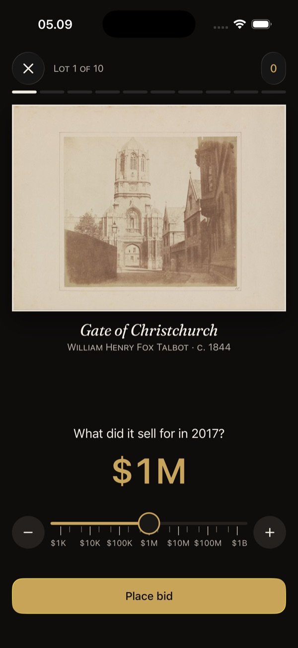 Bid mode: an 1844 Fox Talbot photograph above a logarithmic slider from one thousand to one billion dollars.