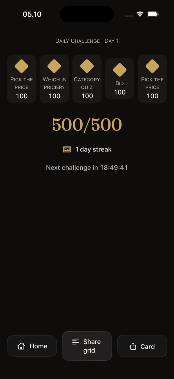 Daily challenge result: five gilt diamonds, a score of 500 out of 500, a one-day streak and a countdown to the next challenge.