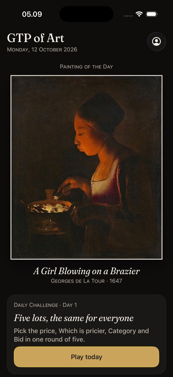 The GTP of Art home screen: a candlelit painting by Georges de La Tour under the heading Painting of the Day, and a gilt Play today button for the daily challenge.