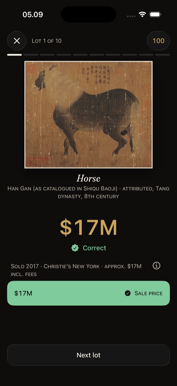 Pick the price reveal: a Tang-dynasty horse painting, the price seventeen million dollars in gilt, and the line Sold 2017, Christie's New York.